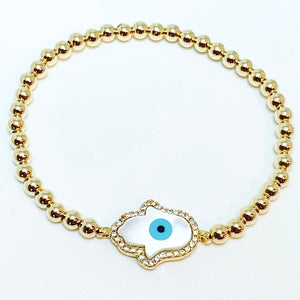 Gold Bracelet with Mother of Pearl Hamsa Evil Eye Connector Charm