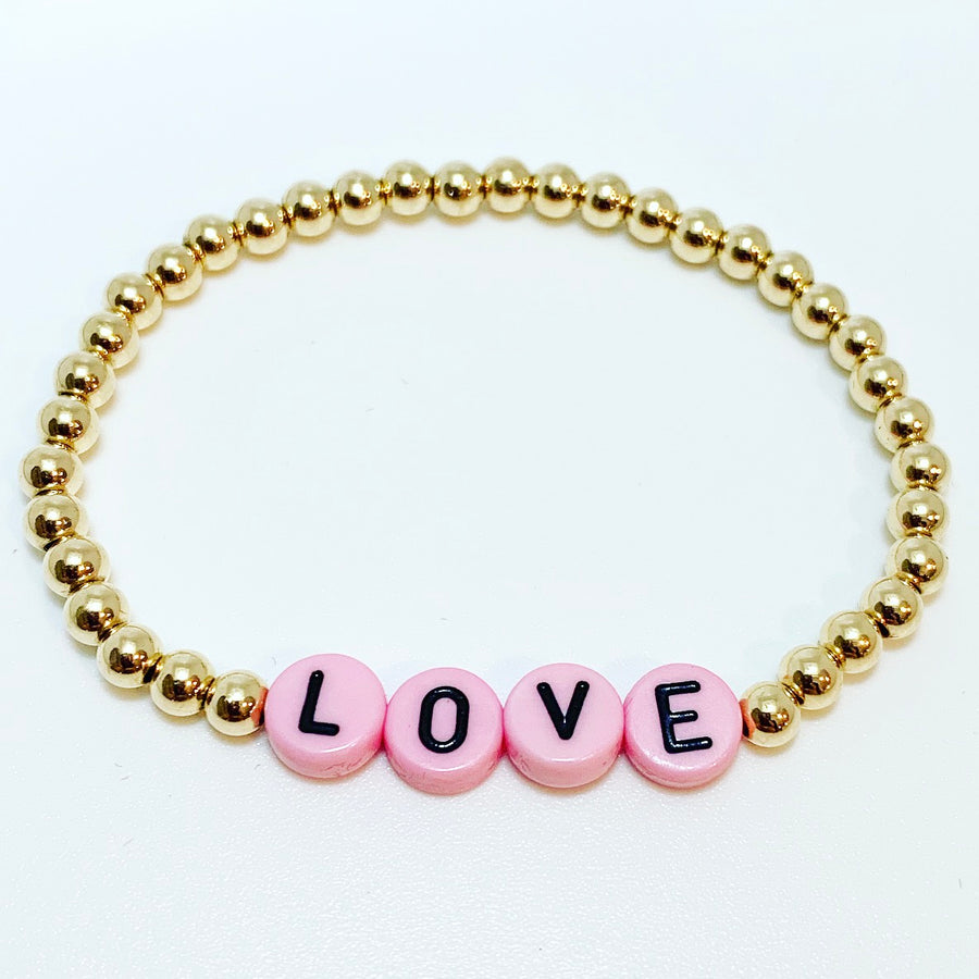 Kids Gold Bracelet with Pink/Black Letter Beads