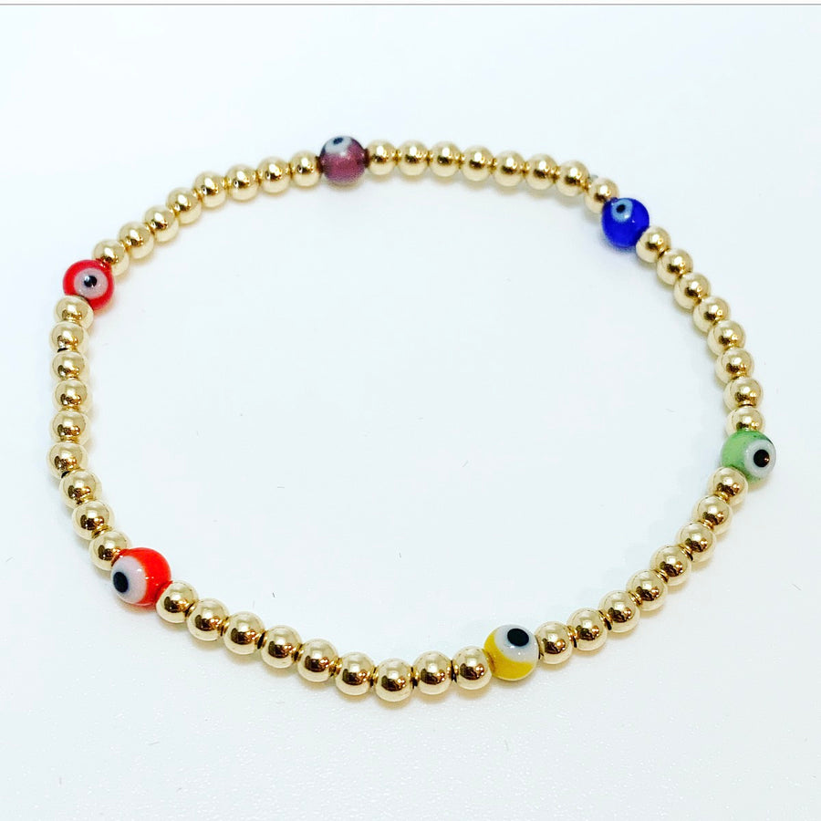 Gold Bracelet with Rainbow Evil Eye Beads