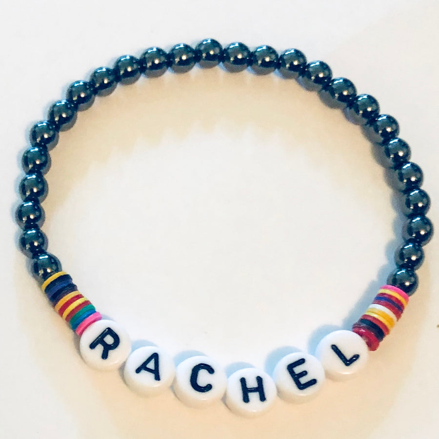 4mm Hematite Name Bracelet with Multicolor Discs
