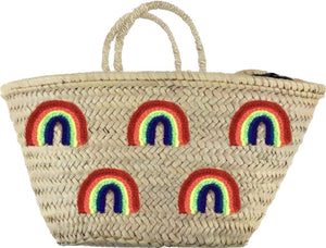 Straw tote with embroidered rainbows