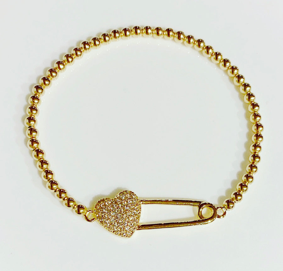 Gold Bracelet with Heart Safety Pin Connector Charm