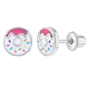 Sprinkles Donut Girls Earrings Screw Back - Sterling Silver