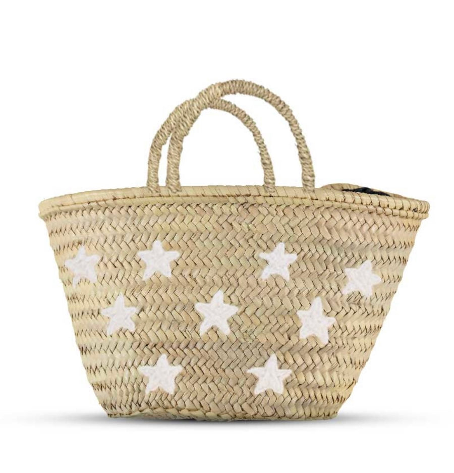 Straw tote with embroidered stars