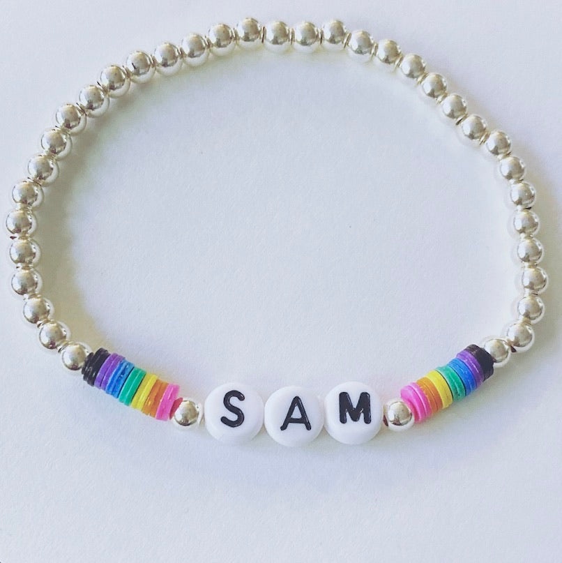 Sterling Silver Name Bracelet with Rainbow Vinyl Discs