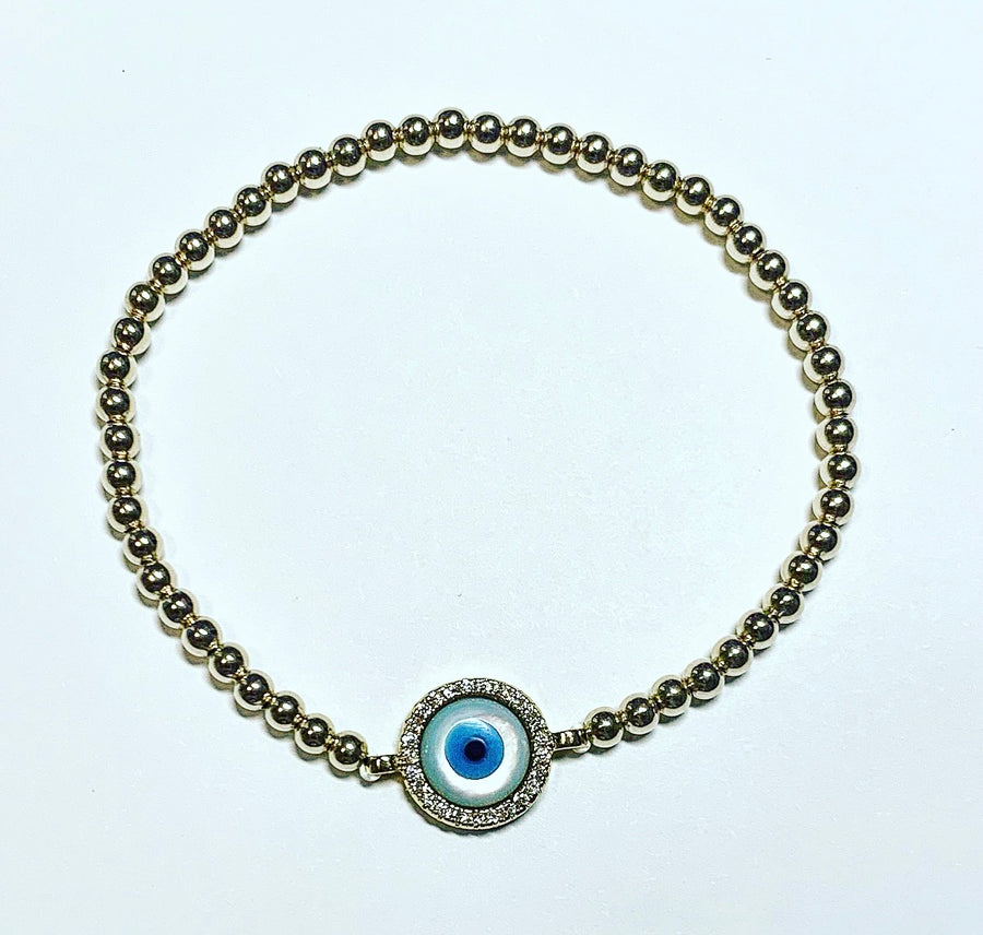 Gold Bracelet with round Mother of Pearl Evil Eye Connector Charm