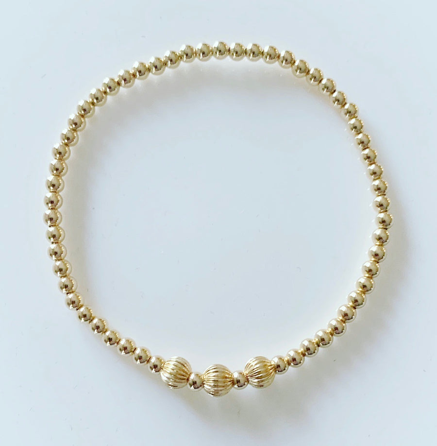3mm Gold Bracelet with Corrugated Bead Details