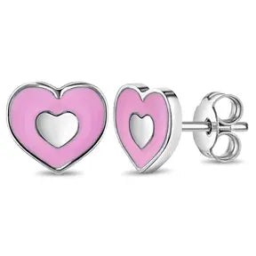 Groovy Pink Enamel Heart Girls Earrings - Sterling Silver